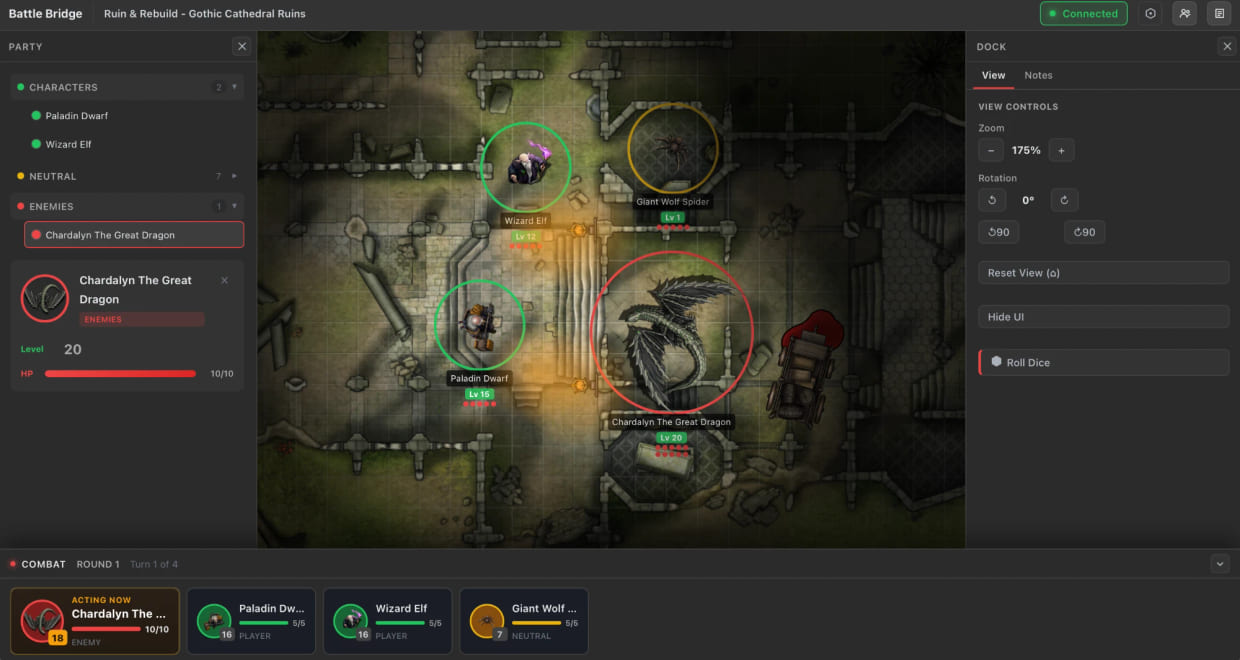 The same encounter on the Battle Bridge player screen, lit only around the party's candles so the eastern half of the ruin stays dark. The trap and the treasure the DM can see are absent. A party list runs down the left and view controls down the right.